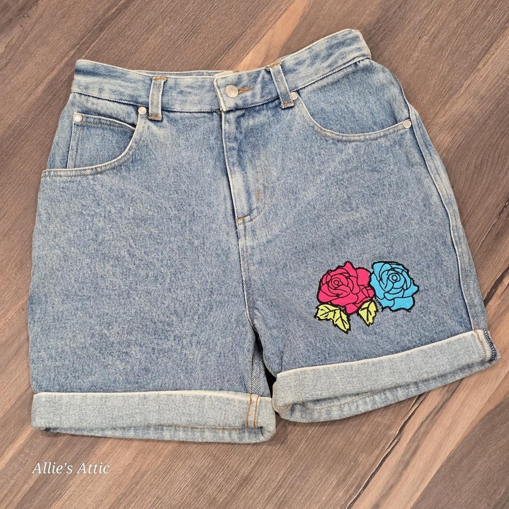 90s Y2K Vintage Copper Key Juniors Jean Shorts‎ Flower Floral Embroidery 14